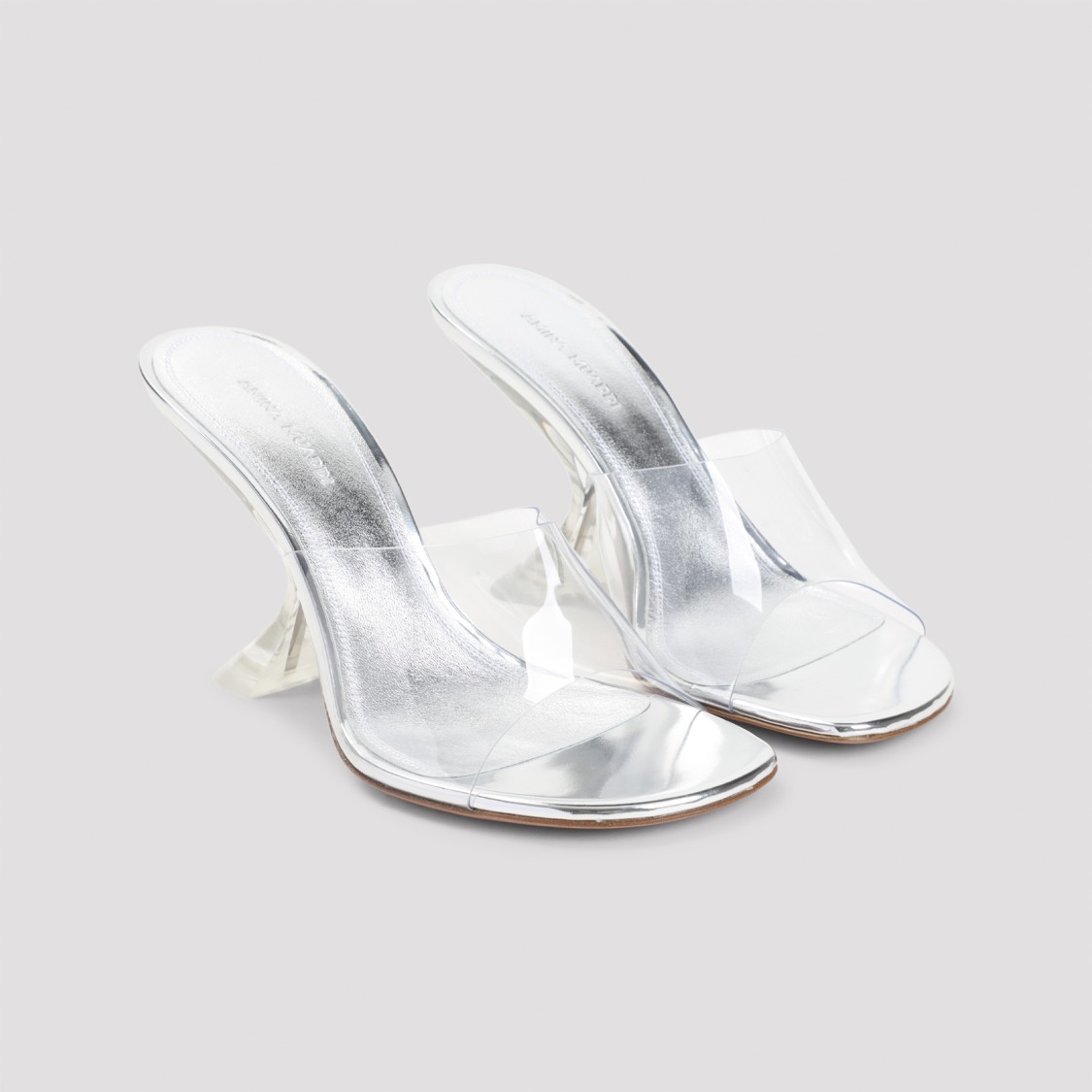 Amina Muaddi Metallic Open-toe Sandals With Sculptural Heel In Silver