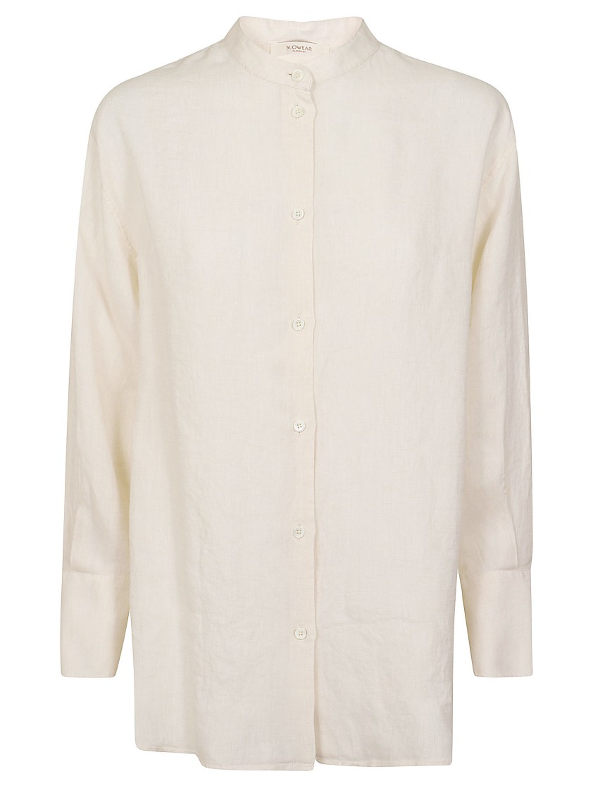 Zanone Mandarin Collar Linen Shirt With Button-down Front In Neutral