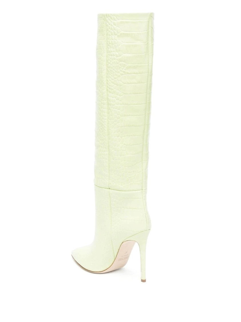 Paris Texas Textured Green Stiletto Long Boots In Yellow