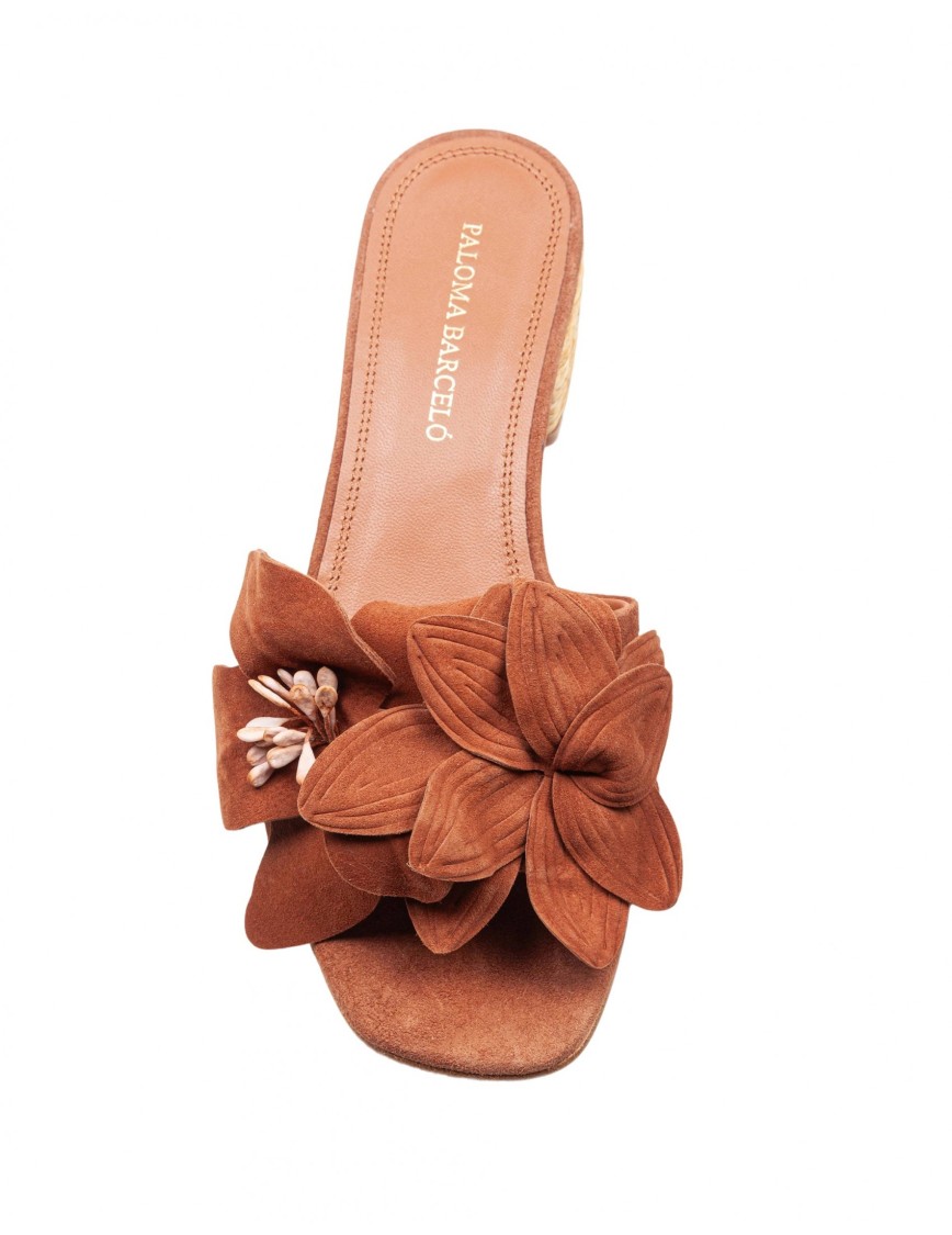 Paloma Barceló Suede Slide With Applied Flower In Brown
