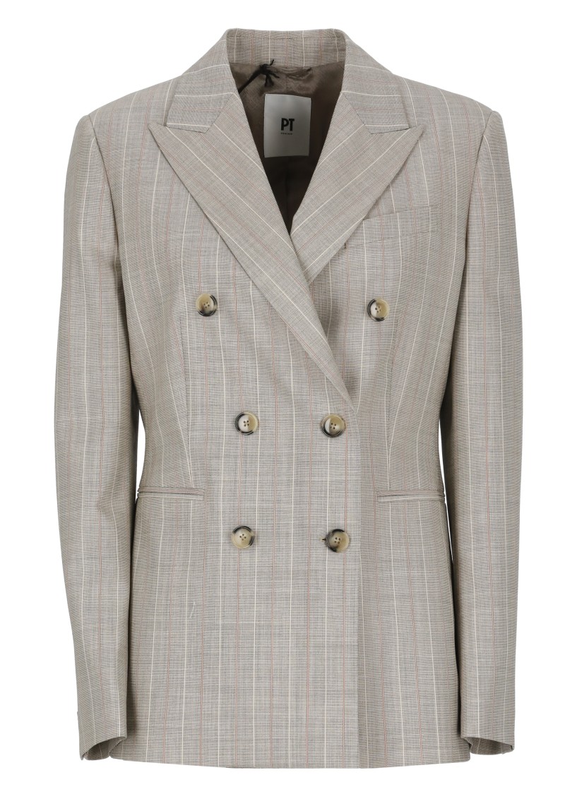 PT TORINO PT TORINO BEIGE VIRGIN WOOL DOUBLE-BREASTED BLAZER WITH ALL-OVER CHECK PATTERN
