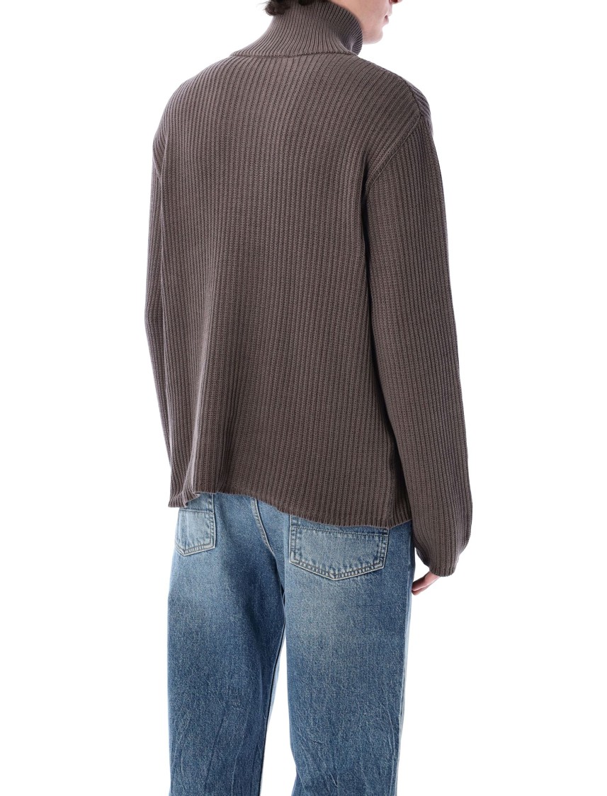 Our Legacy Navigator Polo With High Neck And Textured Ribbed Knit In Brown