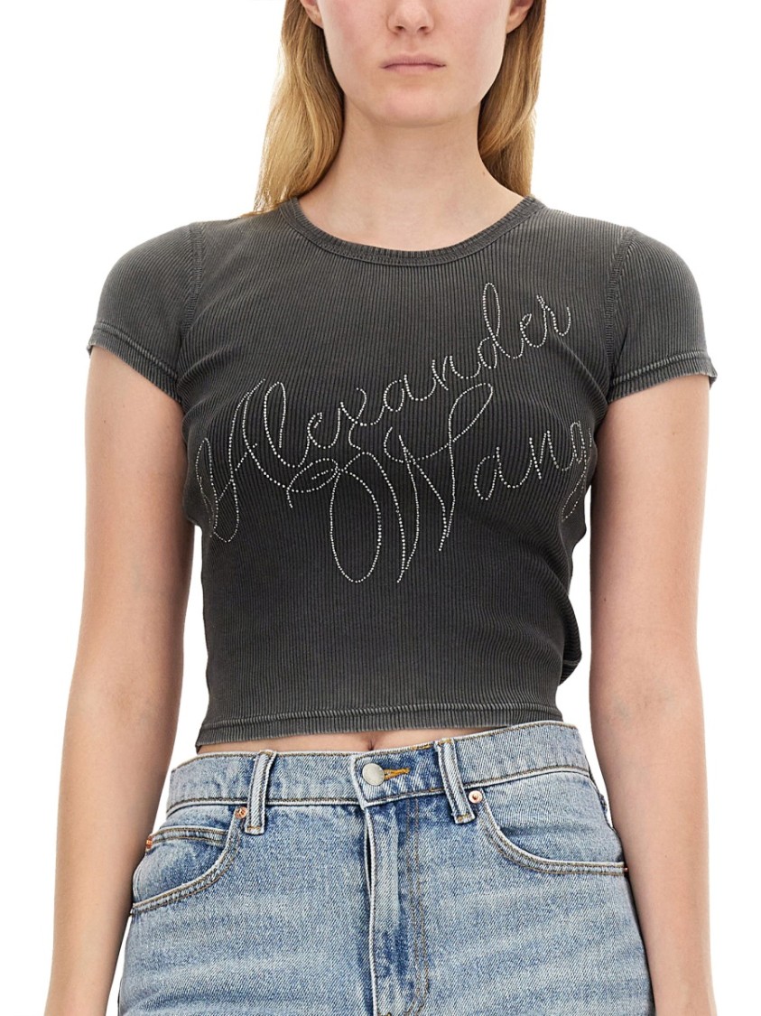 Alexander Wang Crystal Hotfix Tee In Ribbed Jersey In Grey