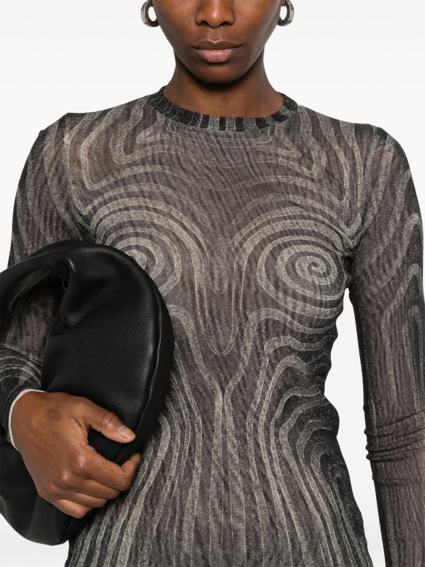 Jean Paul Gaultier Mesh Top With Geometric Pattern And Spiral Print In Black
