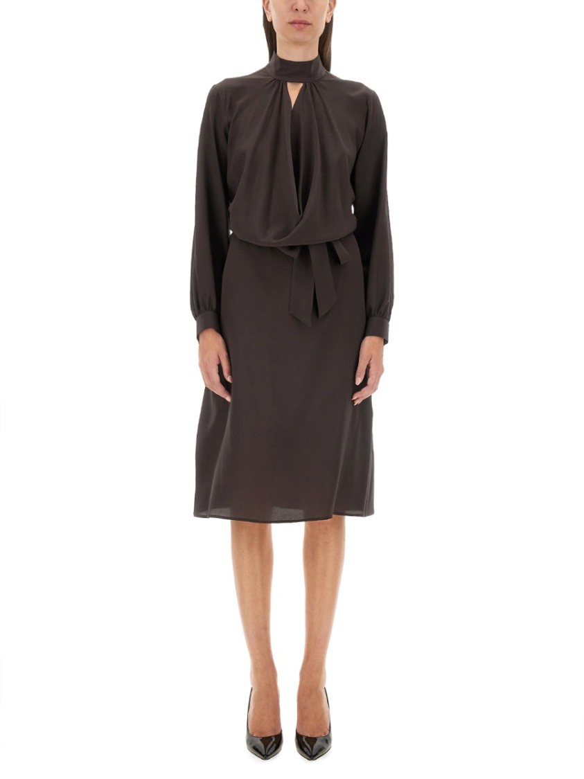 Kiton Silk Dress With Buttoned Cuffs And Waist Tie In Brown