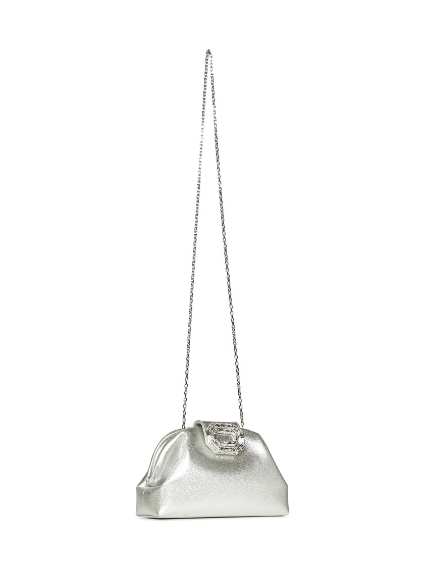 Amina Muaddi Silver Satin Clutch With Rectangular Mirrored Detail