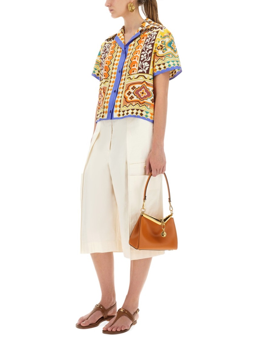 Etro Short Sleeve Collared Cropped Print Top In Multi
