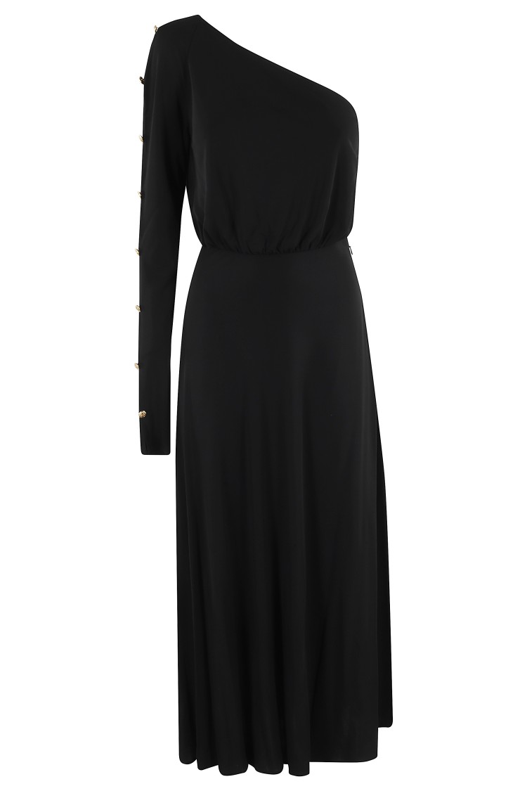 Elisabetta Franchi One-shoulder Black Midi Dress With Flared Skirt