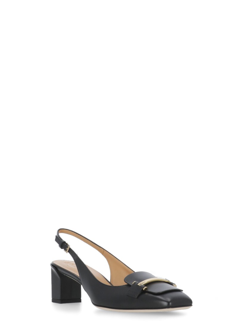 Tod's Square Toe Block Heel Gold-tone Hardware Slingback In Black