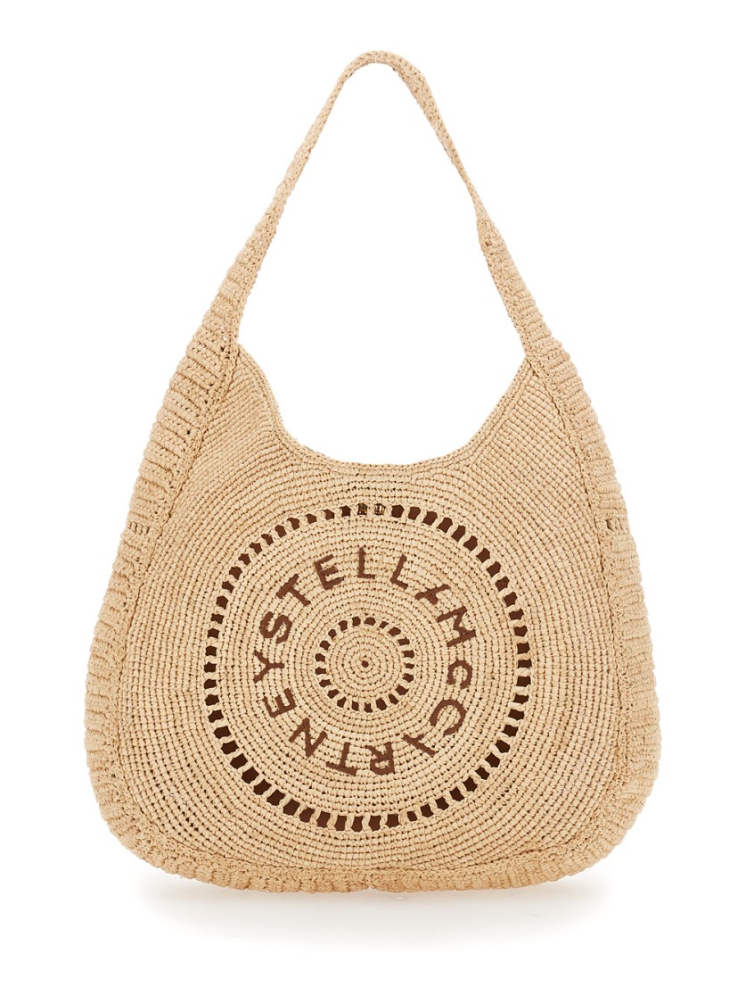 Stella Mccartney Beige Crochet Shoulder Bag With Logo Embroidery On The Front In Rafia Woman In Nude