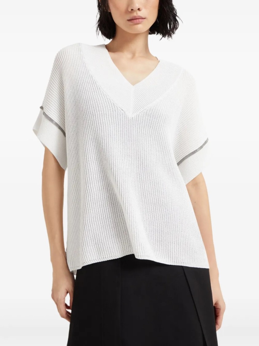 Brunello Cucinelli Textured Ribbed Top With Deep V-neckline In White