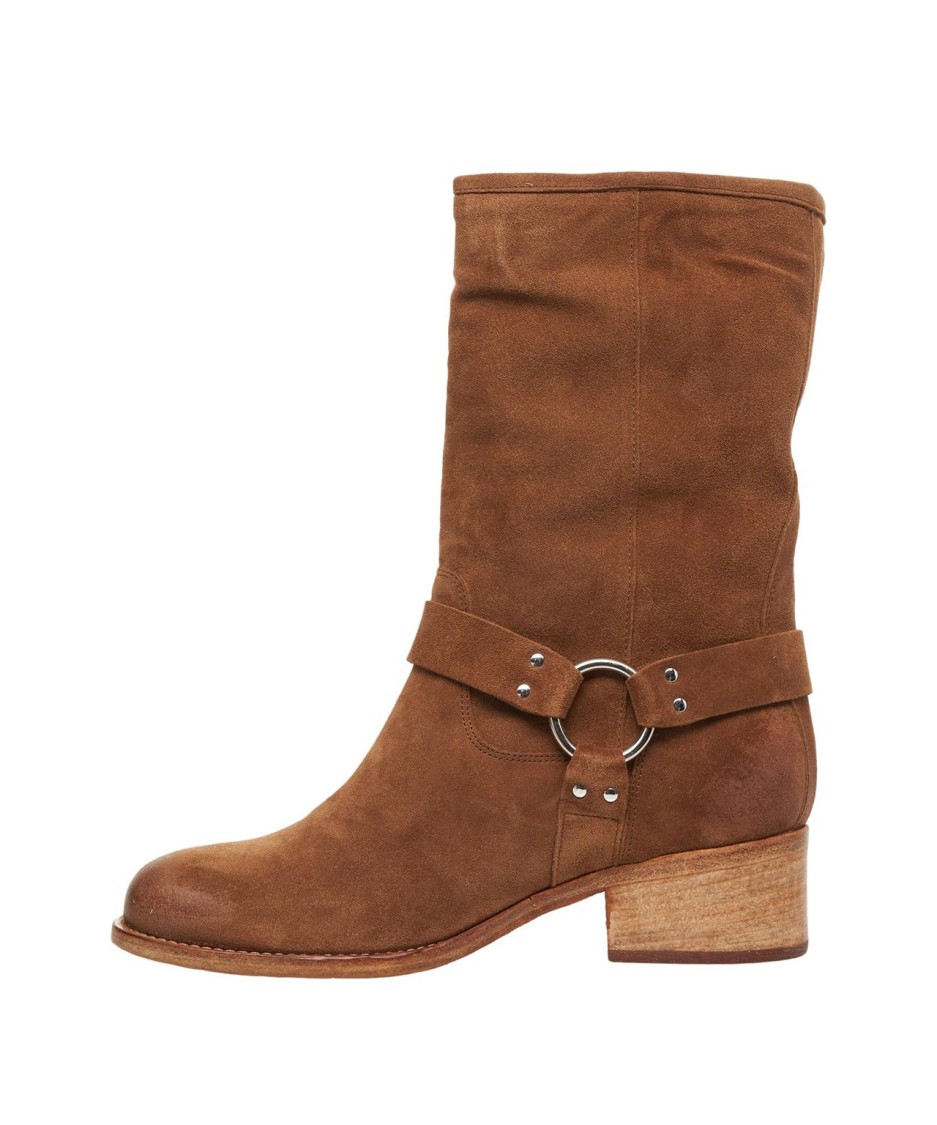Curiosite Rounded Suede Biker Boots With Metallic Accents In Brown