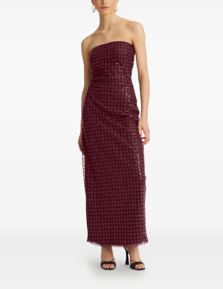 Rotate Birger Christensen Rotate Floor-length Burgundy Strapless Evening Dress With Sequined Detailing In Red