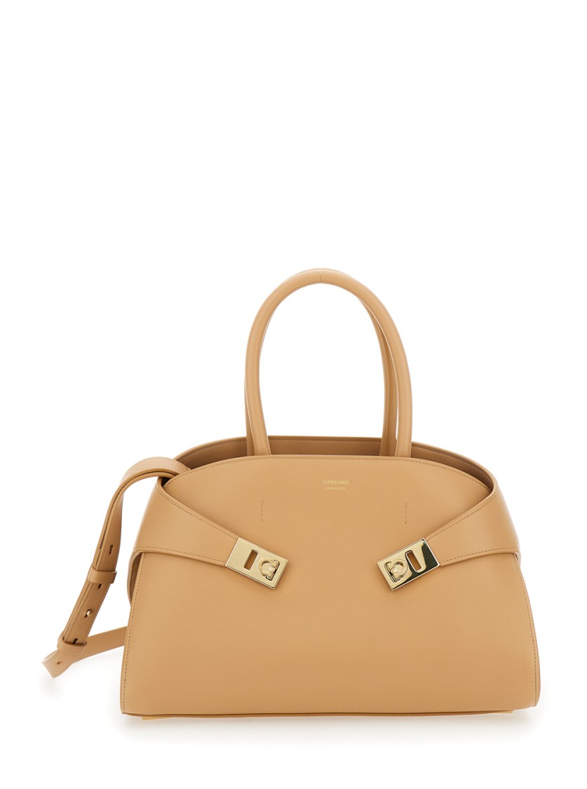 Ferragamo Hug Small Beige Handbag With Logo And Gancini Buckle In Leather Woman In Brown