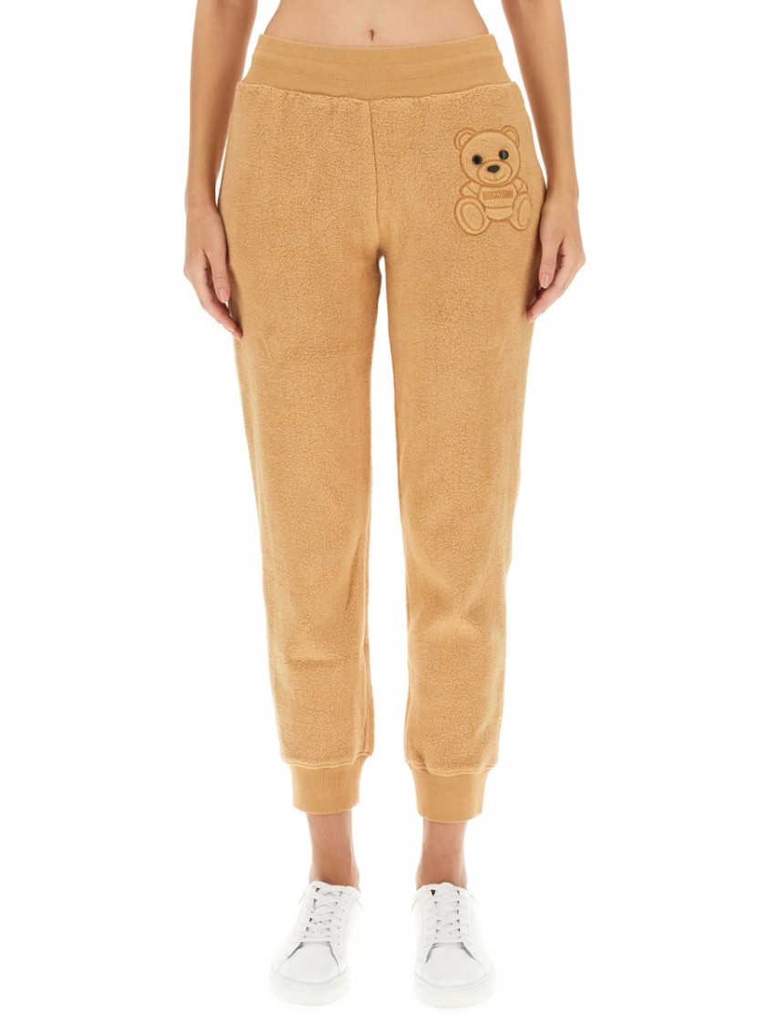 Moschino Soft Cotton Joggers With Teddy Bear Embroidery In Brown