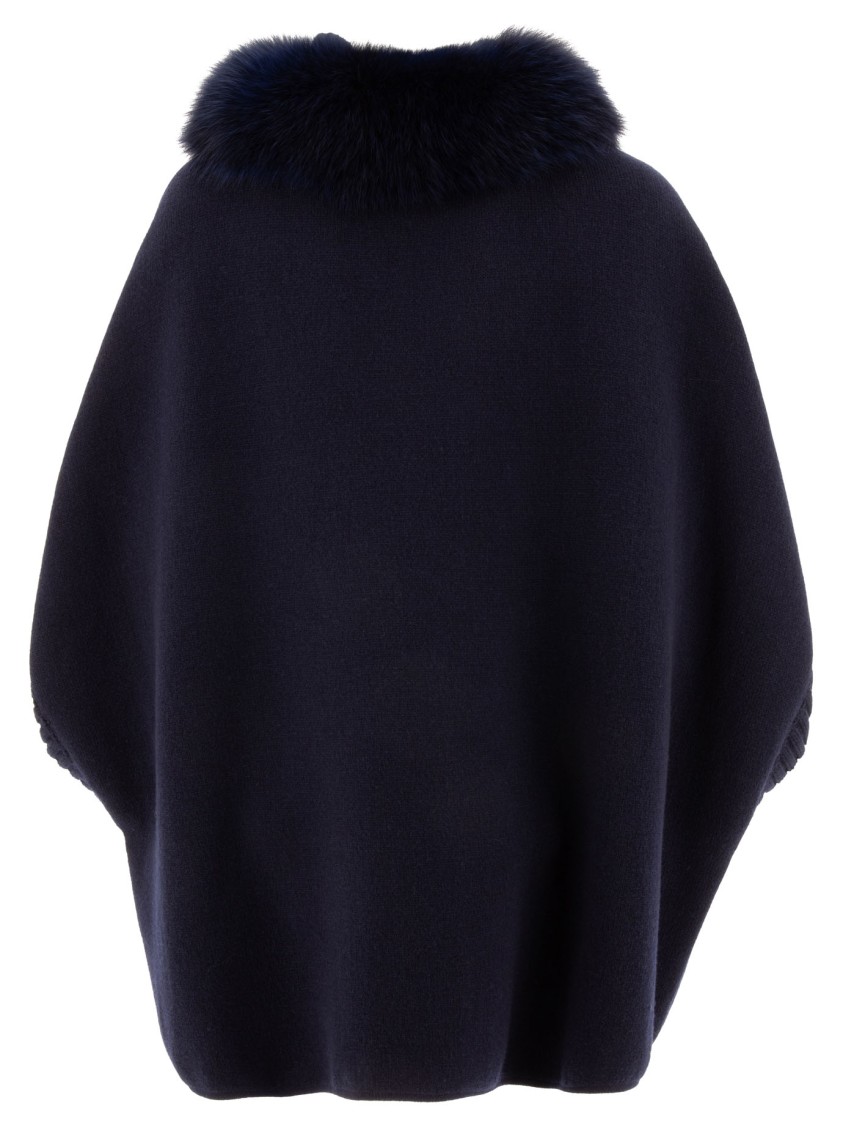 Giovi Wool And Cashmere Poncho With Fur Collar In Blue
