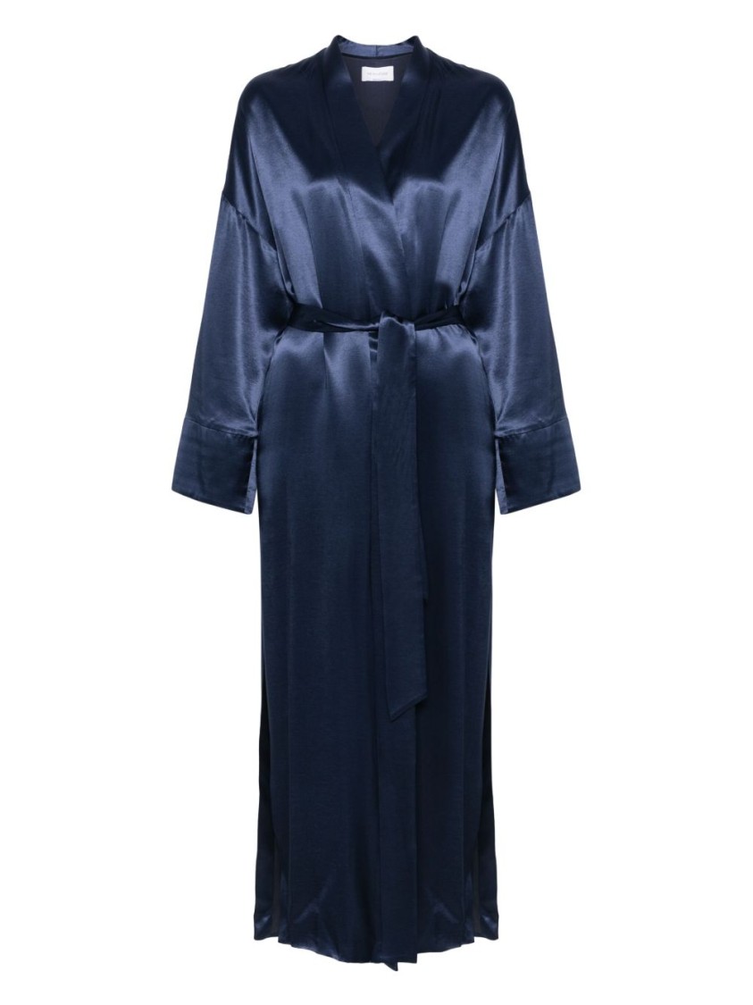 The Nina Studio Belted Satin Dressing Gown With Long Sleeves In Blue