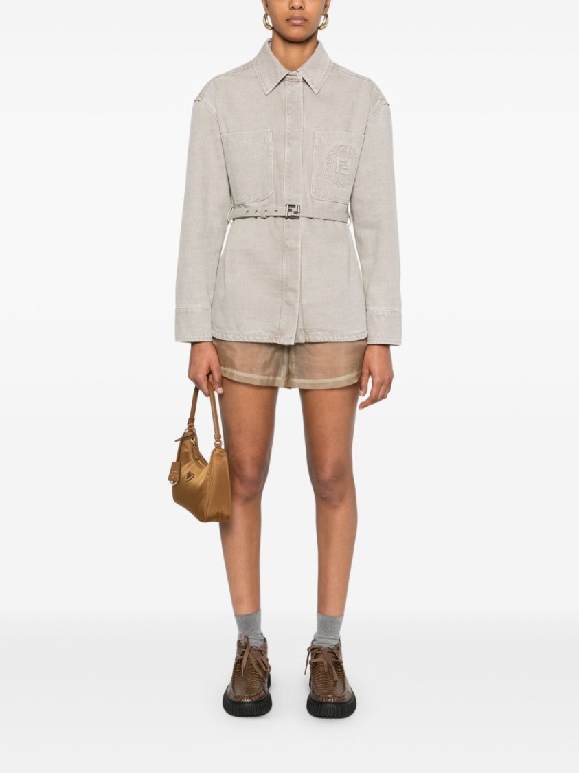 Fendi Beige Denim Jacket With Concealed Closure In Gray