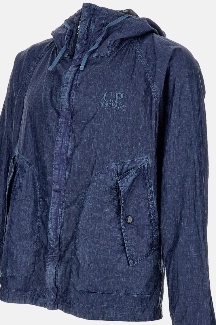 C.p. Company Textured Linen Jacket With Functional Hood And Built-in Glasses In Blue