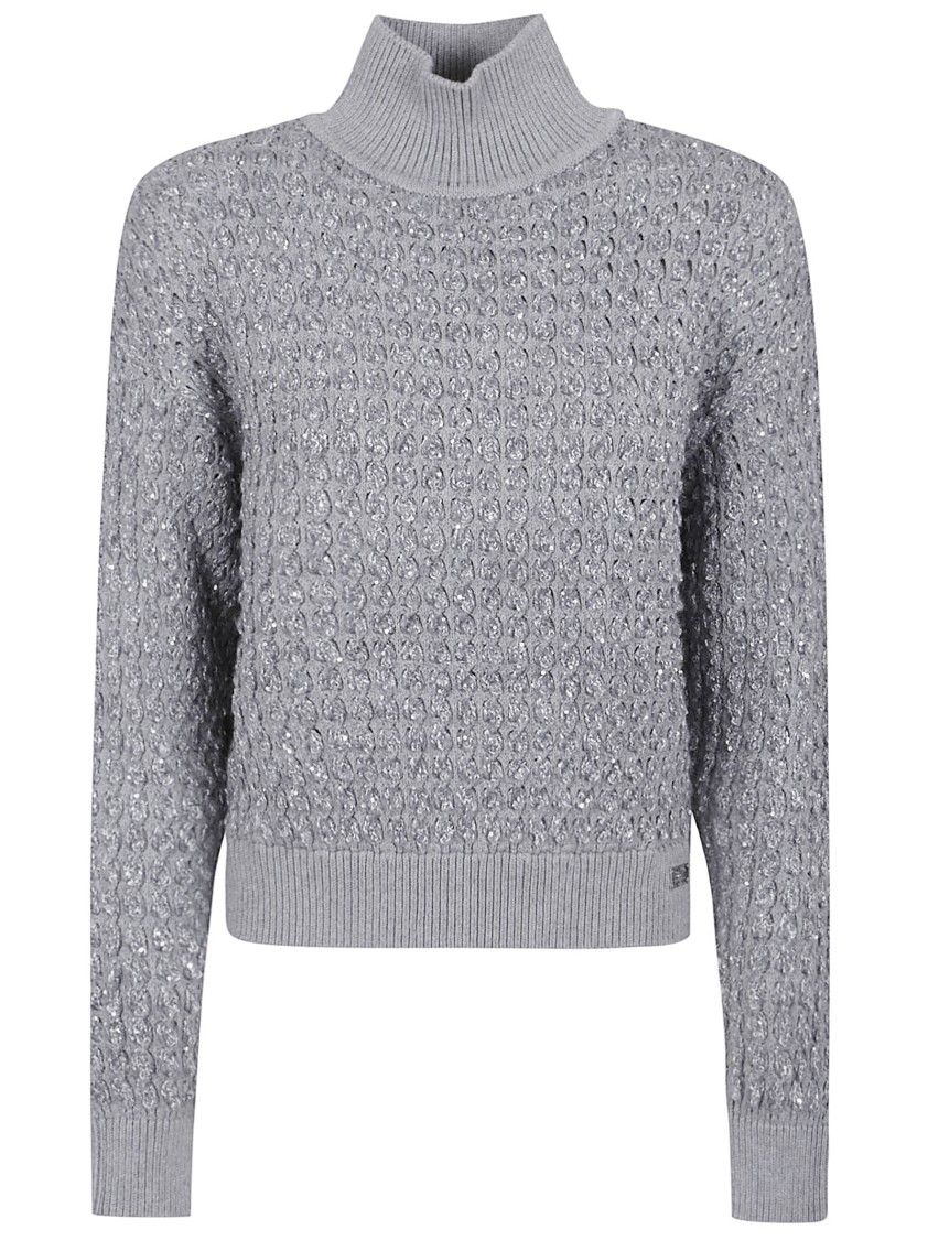 Elisabetta Franchi Bouclé Sweater With High Neck And Textured Finish In Gray