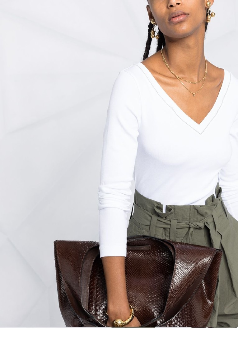 Brunello Cucinelli White V-neck Pullover With Beads Detailing In Stretch Cotton Woman Brunello Cucin In White