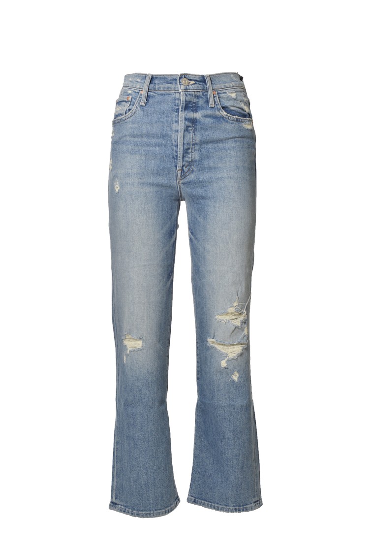 MOTHER MOTHER DISTRESSED STRAIGHT LEG DENIM JEANS IN BLUE