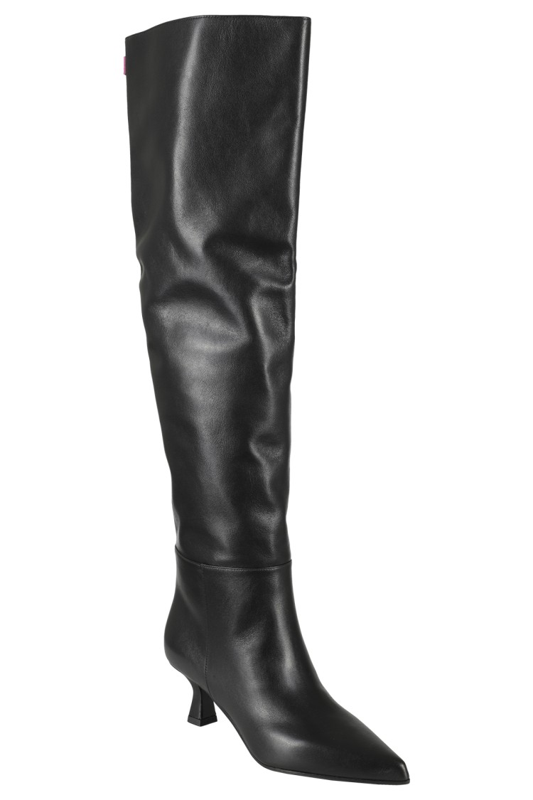 3juin Knee-high Black Leather Boot With Fuchsia Accents In Black