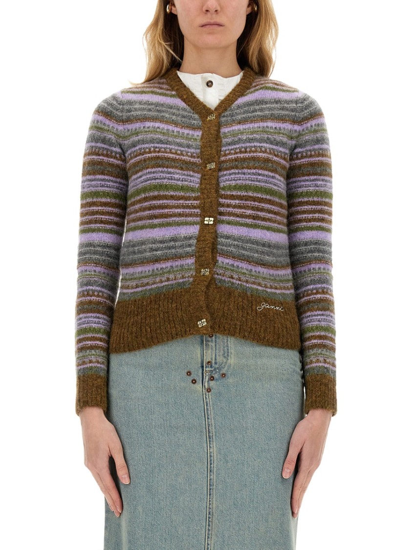 Ganni Soft Wool Stripe Cardigan In Multicolor