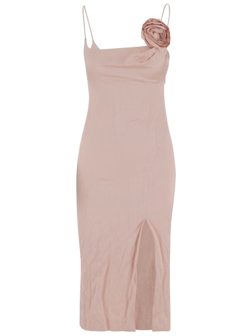 Blumarine Crinkled Satin Dress With 3d Rose In Pink