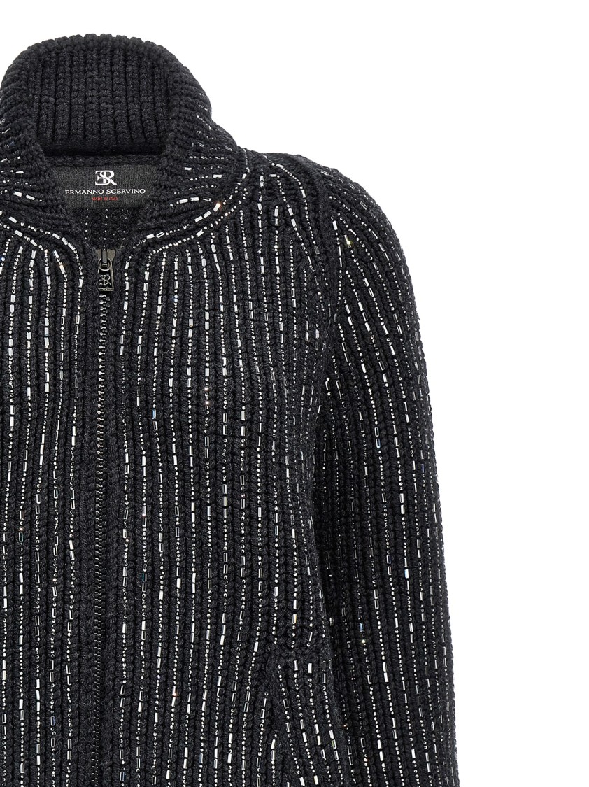 Ermanno Scervino Rhinestone-embellished Merino Wool Knit Cardigan In Black