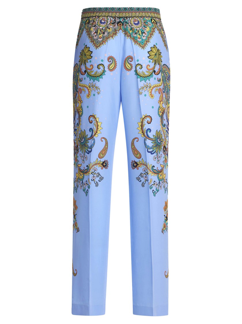 Etro Palazzo Silk Trousers With Floral And Geometric Print In Blue