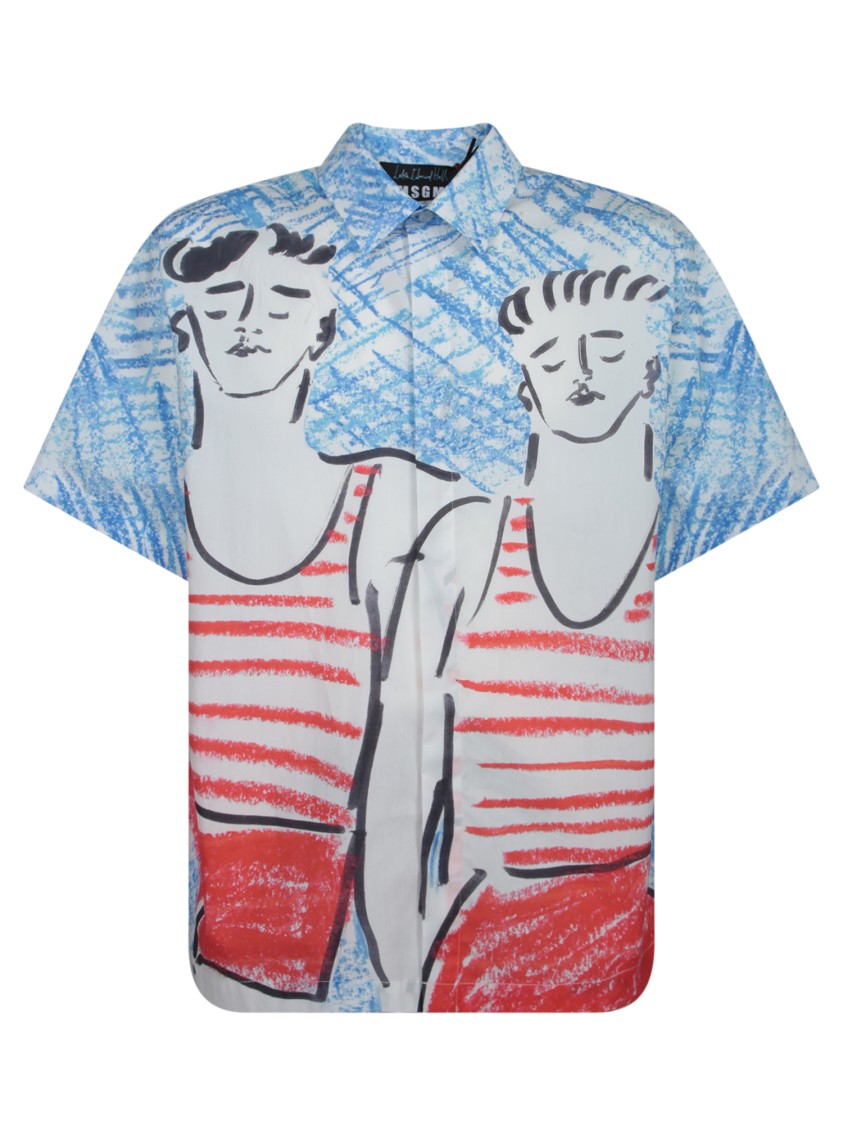 Msgm Multi-illustration Shirt With Relaxed Fit In Blue