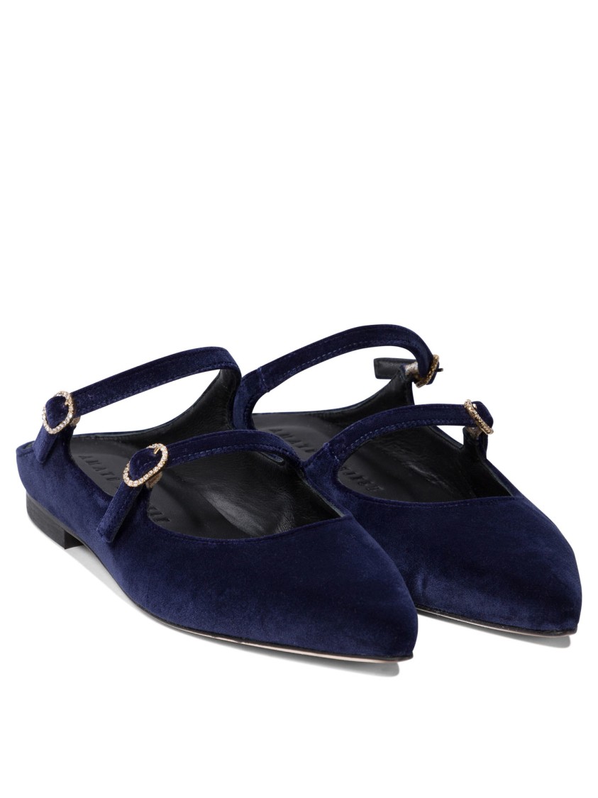 Amato Daniele Velvet Blue Loafers With Pointed Toe And Buckle Detail In Blue