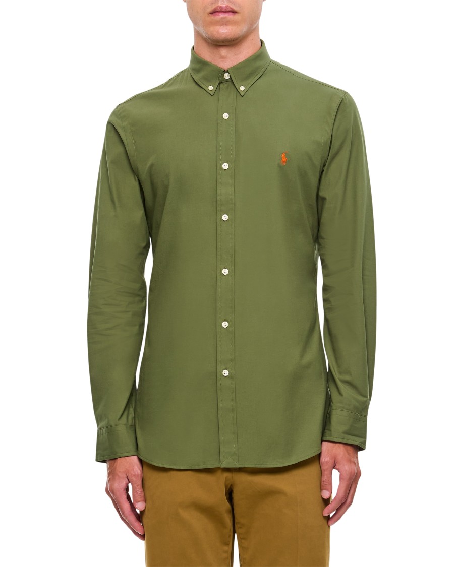 Polo Ralph Lauren Olive Green Cotton Shirt With Signature Polo Pony Motif In Green
