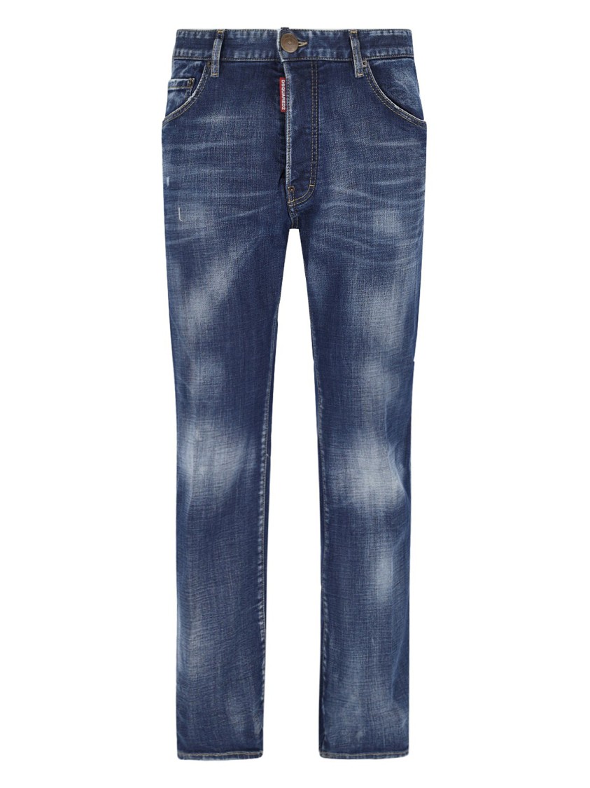 Dsquared2 Blue Straight Jeans With Logo Patch And Faded Effect In Stretch Cotton Denim Man In Blue