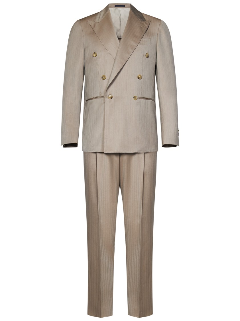 Franzese Collection Double-breasted Beige Suit With Herringbone Pattern In Brown