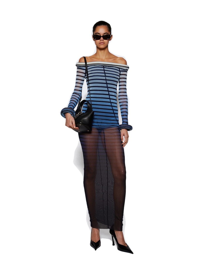 Jean Paul Gaultier Elegant Mesh Boat Neck Long Dress With 3d Collar And Cuff In Multicolor