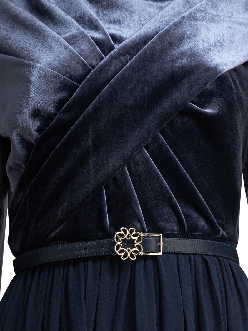 Elie Saab Velvet Pleated Maxi Dress With Belted Waist In Black