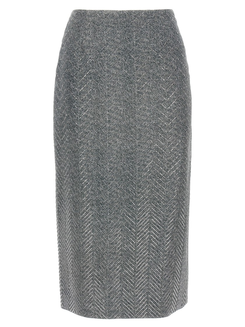 Ermanno Scervino Rhinestone-embellished Herringbone Silk Midi Skirt In Gray
