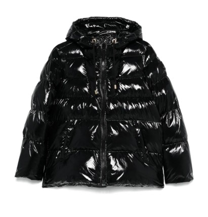 Pinko Oversized Black Puffy Coat With Glossy Finish And Hood In Black