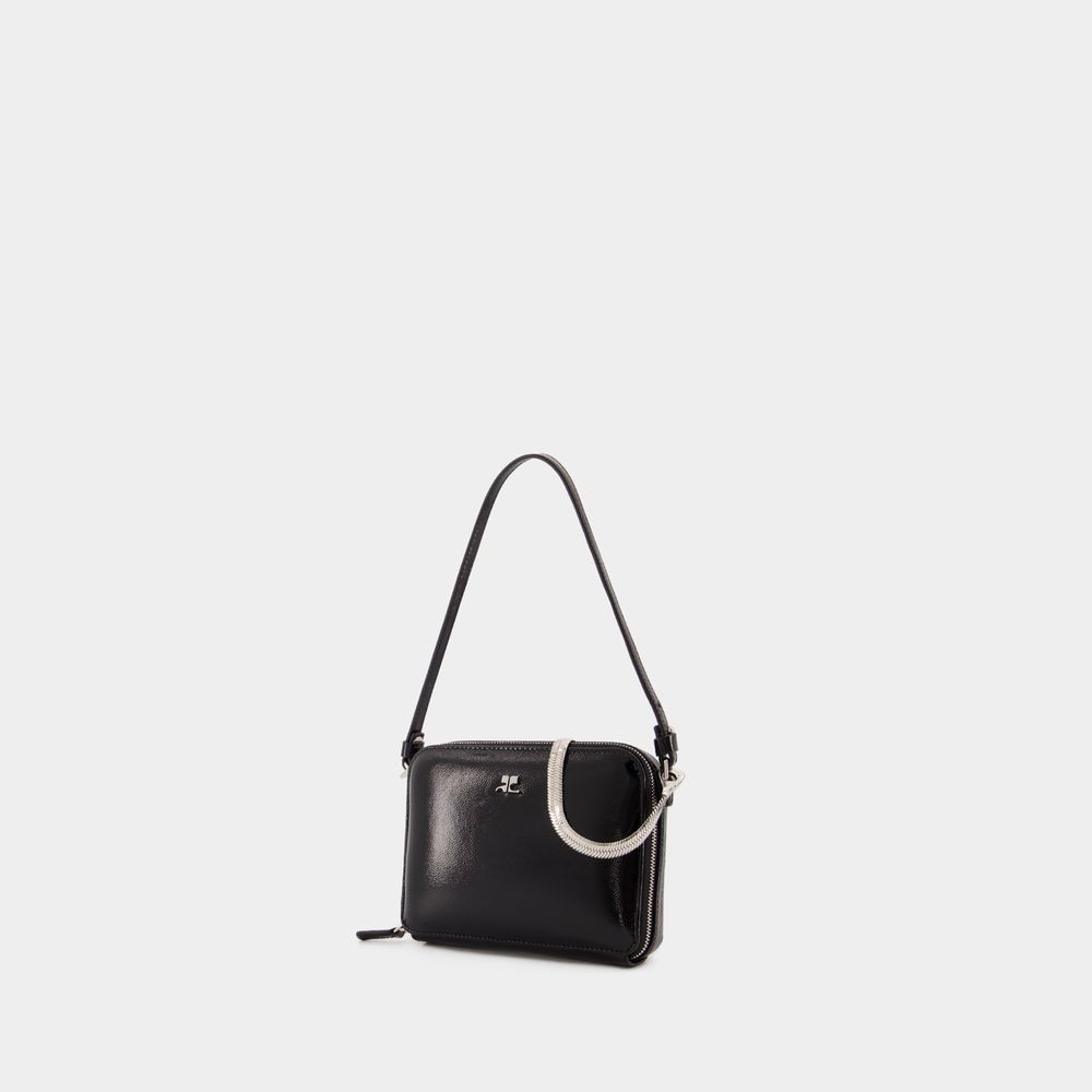 Courrèges Mini Chained High-shine Purse In Black