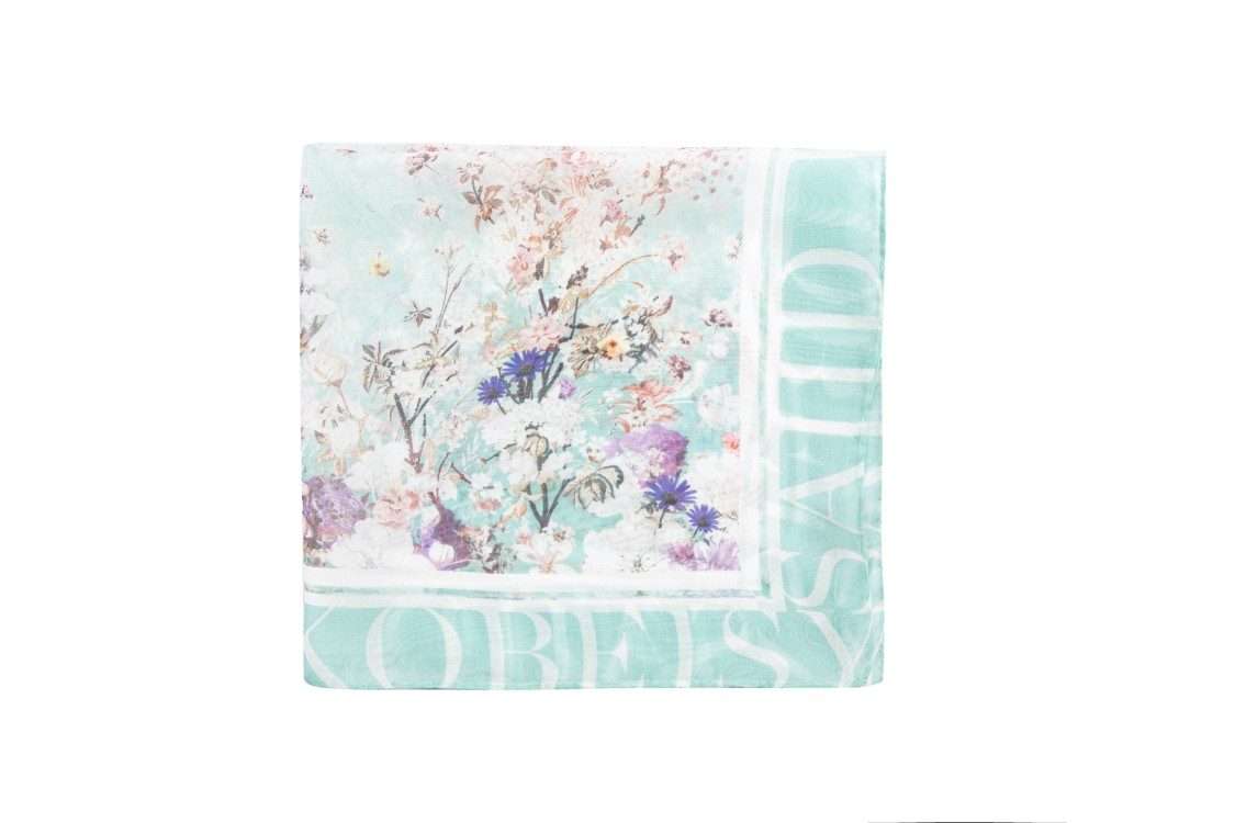 Saiid Kobeisy Tropical Flower Print Aqua Sky Chiffon Silk Scarf In Blue
