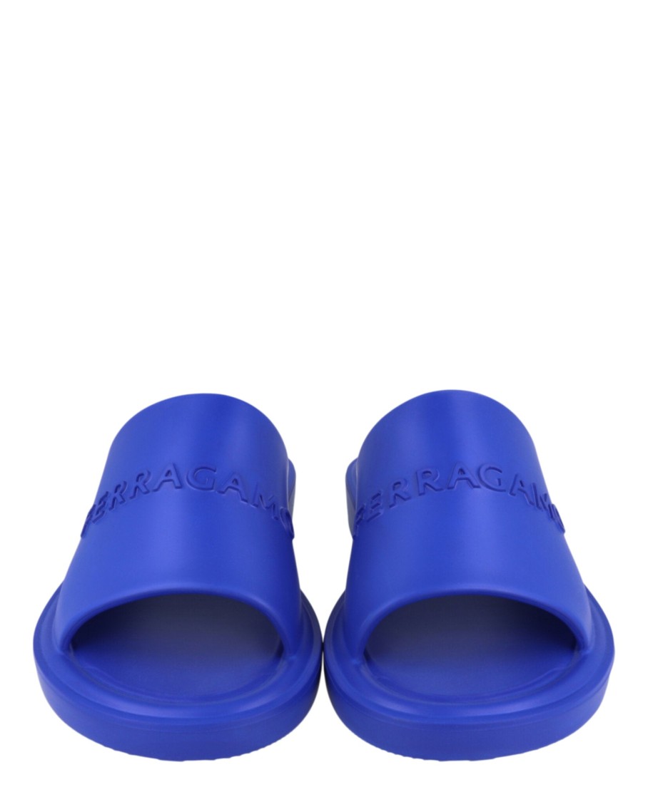 Ferragamo Giuneva Logo Embossed Slides In Blue