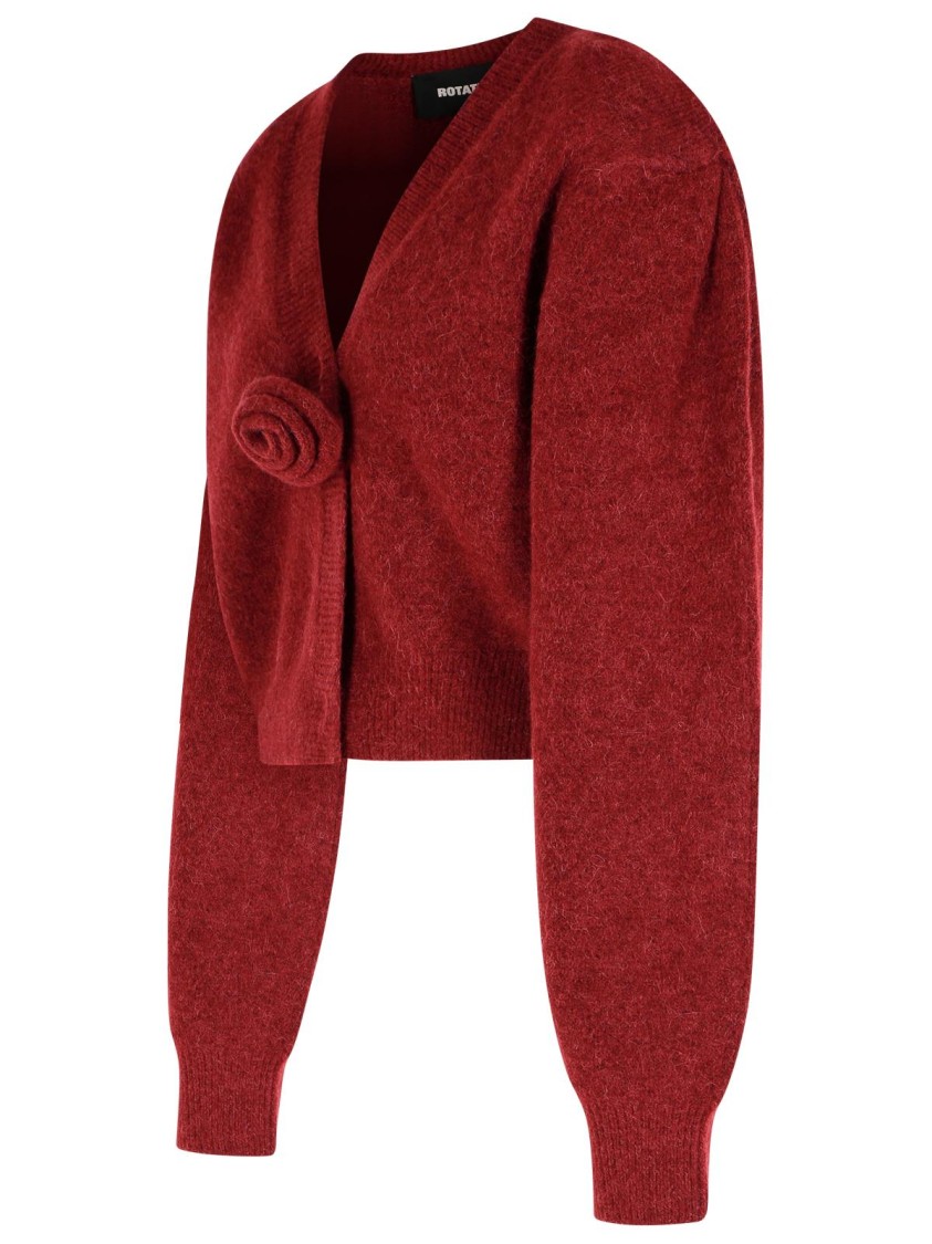 Rotate Birger Christensen Rotate Cropped Burgundy Sweater With Deep V-neckline And Floral Embellishment In Burgundy