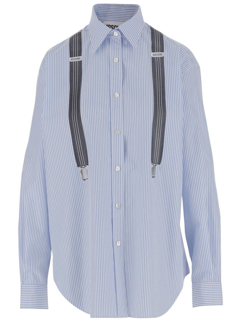 Moschino Couture Light Blue Cotton Striped Shirt With Decorative Straps In Blue