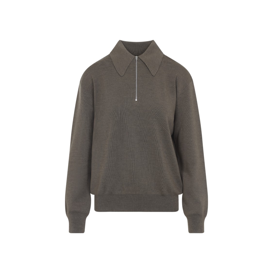 Phoebe Philo Light Brown Wool Zip Polo With Pointed Collar And Ribbed Details In Gray