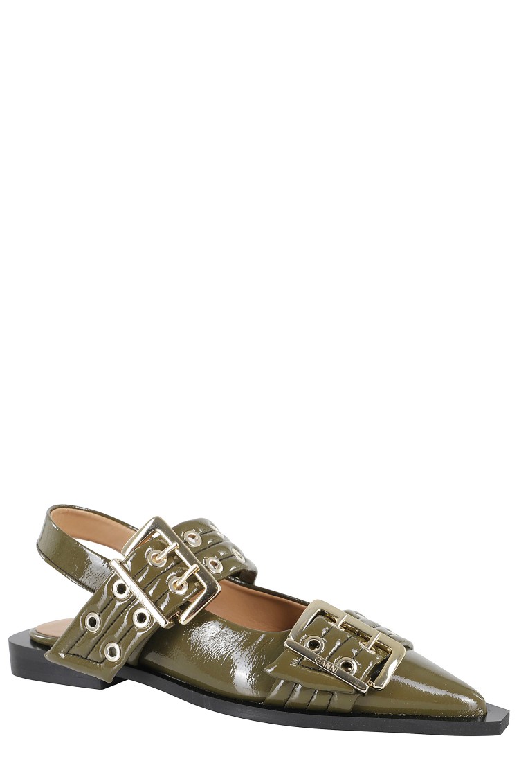 Shop Ganni Pointed Toe Slingback Ballerinas In Green