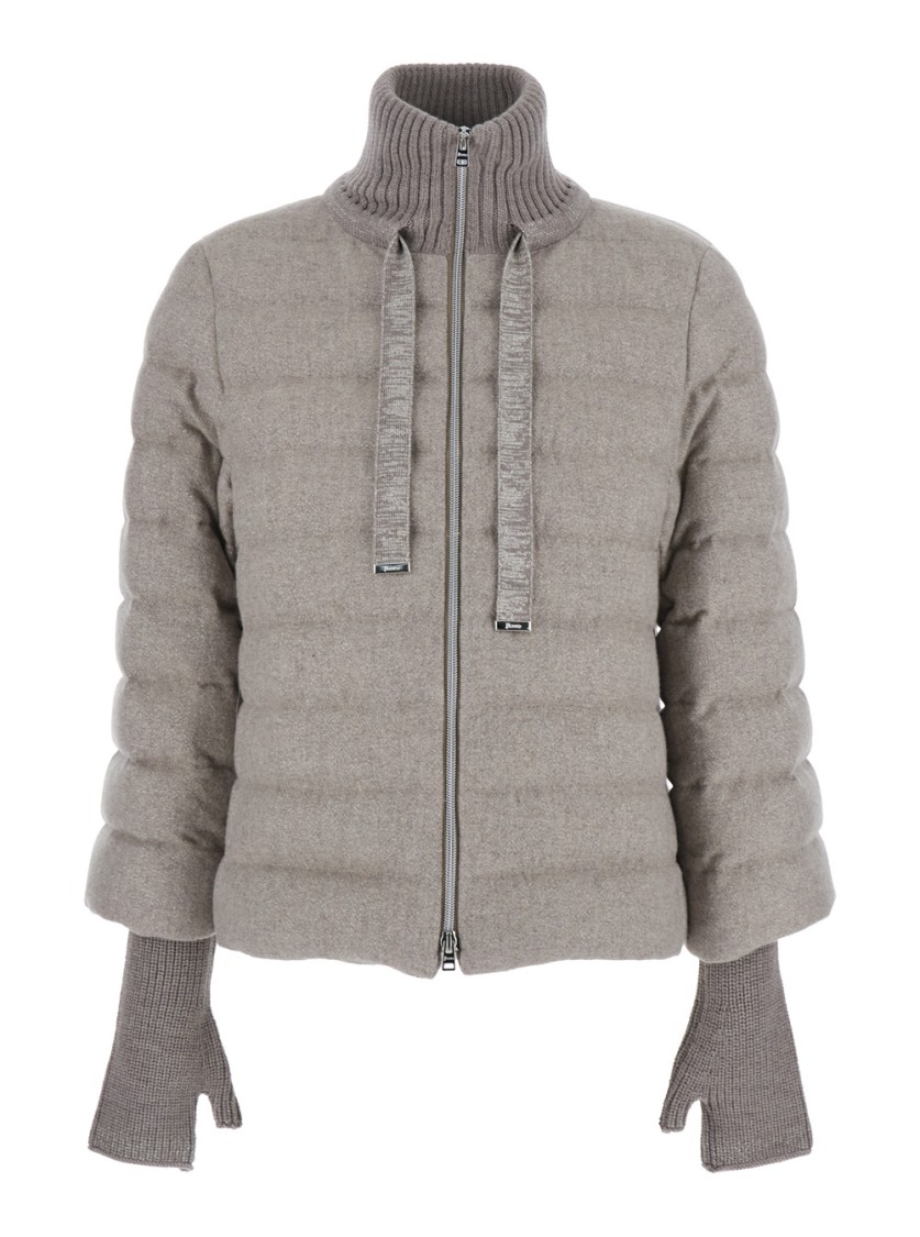 Herno Beige Down Jacket With Drawstring High  Neck And Removable Gloves In Gray