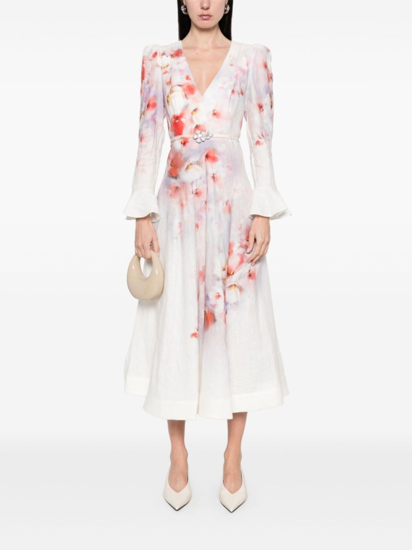 Shop Zimmermann Midi Dress With Deep V-neckline And Flared Cuffs In Neutrals