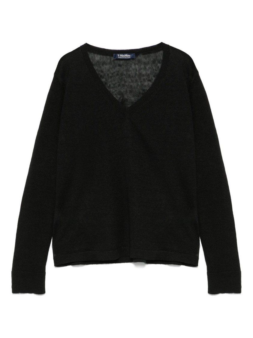 Max Mara V-neck Black Linen Sweatshirt With Cropped Hem In Black